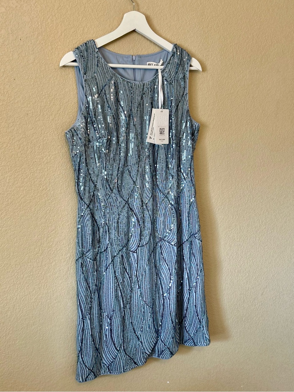 NWT Grace Karin Blue Sequin Sheath Dress in Light Blue Midi Party Size L Chic - Picture 2 of 9